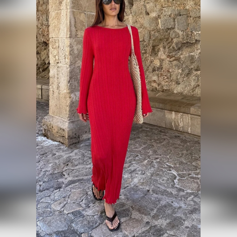 NWOT Nicole Miller Knit Red Long Sleeve Ribbed Crew Neck Midi Dress Large